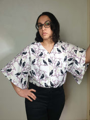 V-NECK SHIRT WITH FLOATY SLEEVES (Ravens & blossoms print)