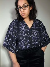 V-NECK SHIRT WITH FLOATY SLEEVES (Black Ravens & blossoms print)
