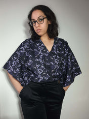 V-NECK SHIRT WITH FLOATY SLEEVES (Black Ravens & blossoms print)