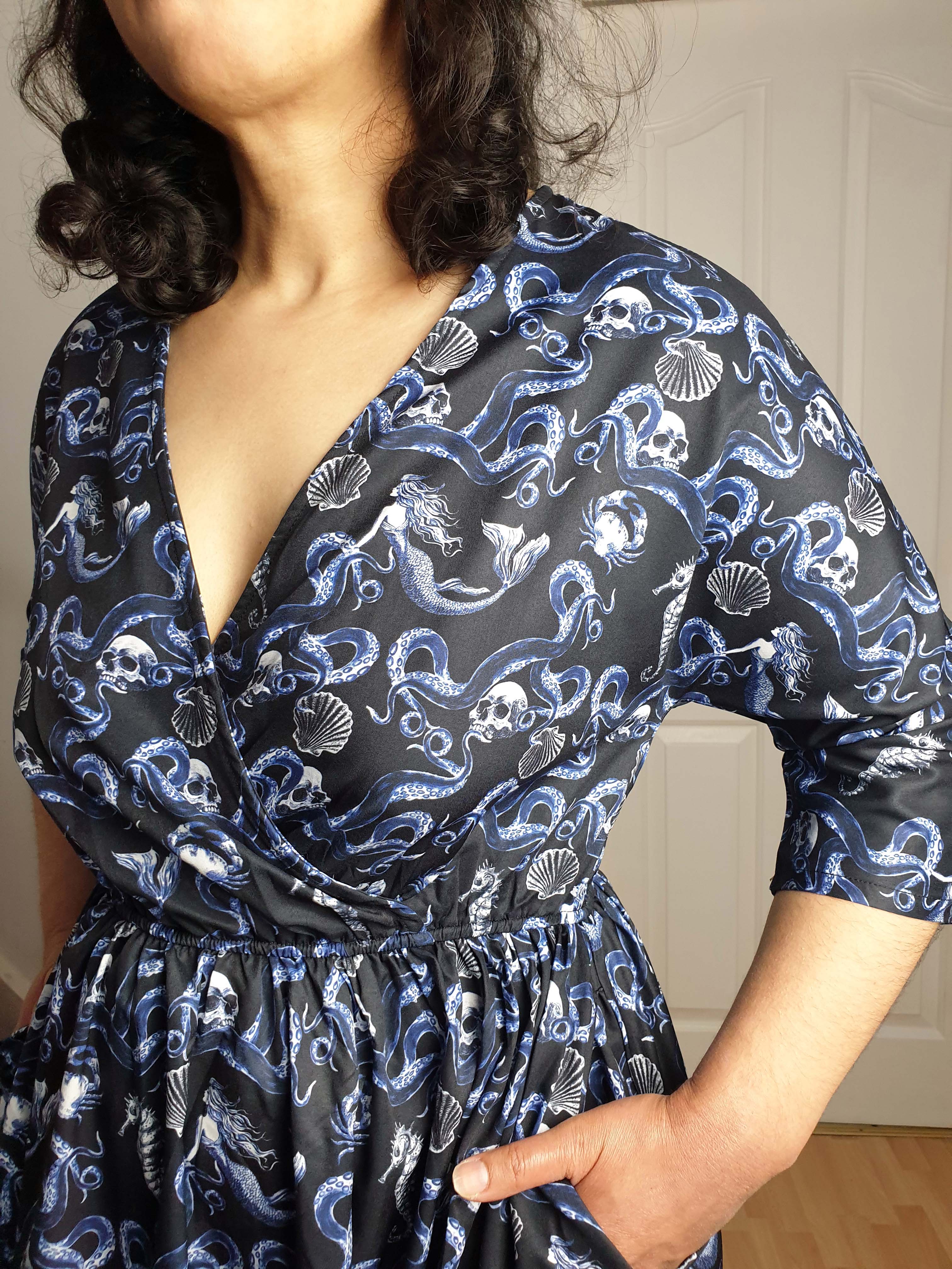 WRAP-FRONT MIDI DRESS (Macabre Tentacles print)