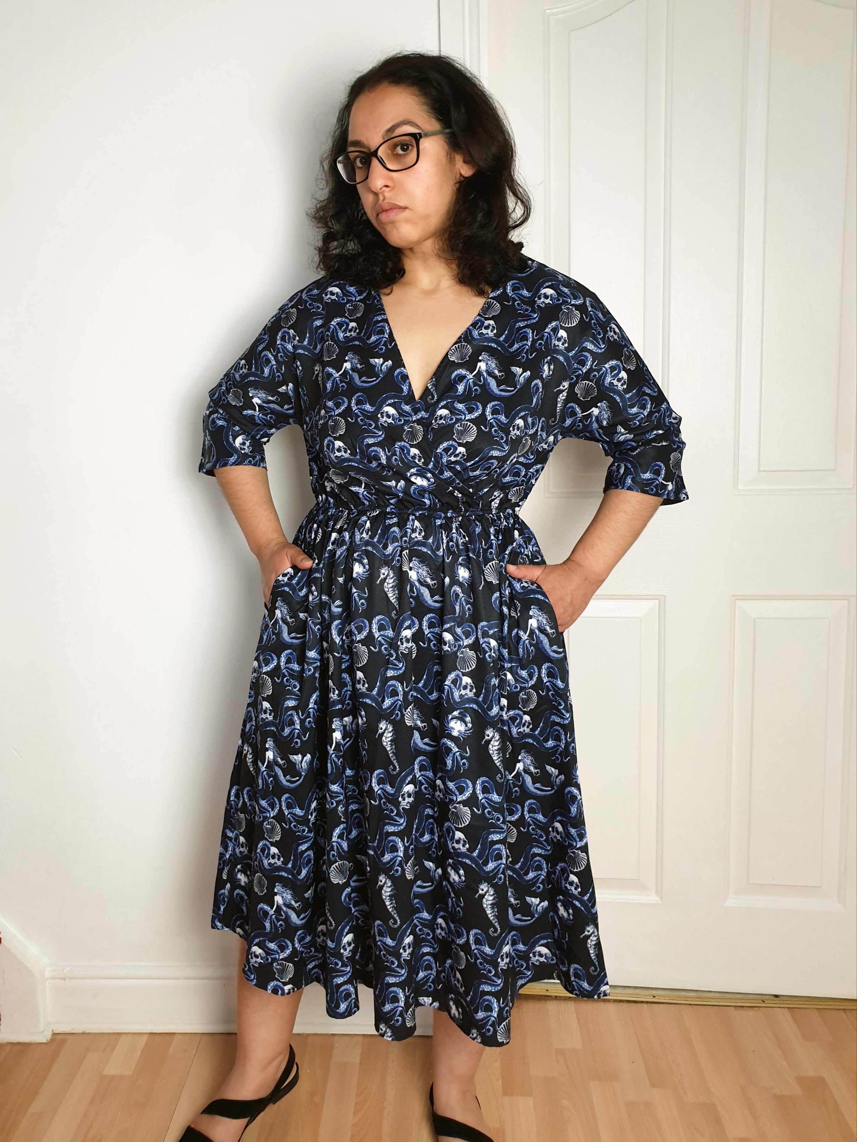 WRAP-FRONT MIDI DRESS (Macabre Tentacles print)