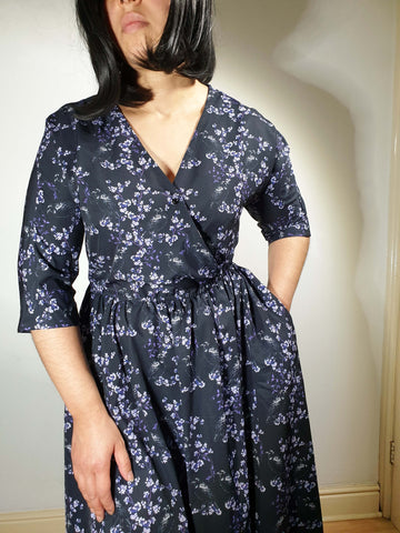 WRAP-FRONT MIDI DRESS (Ravens & Blossoms)