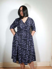 WRAP-FRONT MIDI DRESS (Black Ravens & Blossoms)