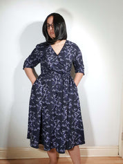 WRAP-FRONT MIDI DRESS (Black Ravens & Blossoms)
