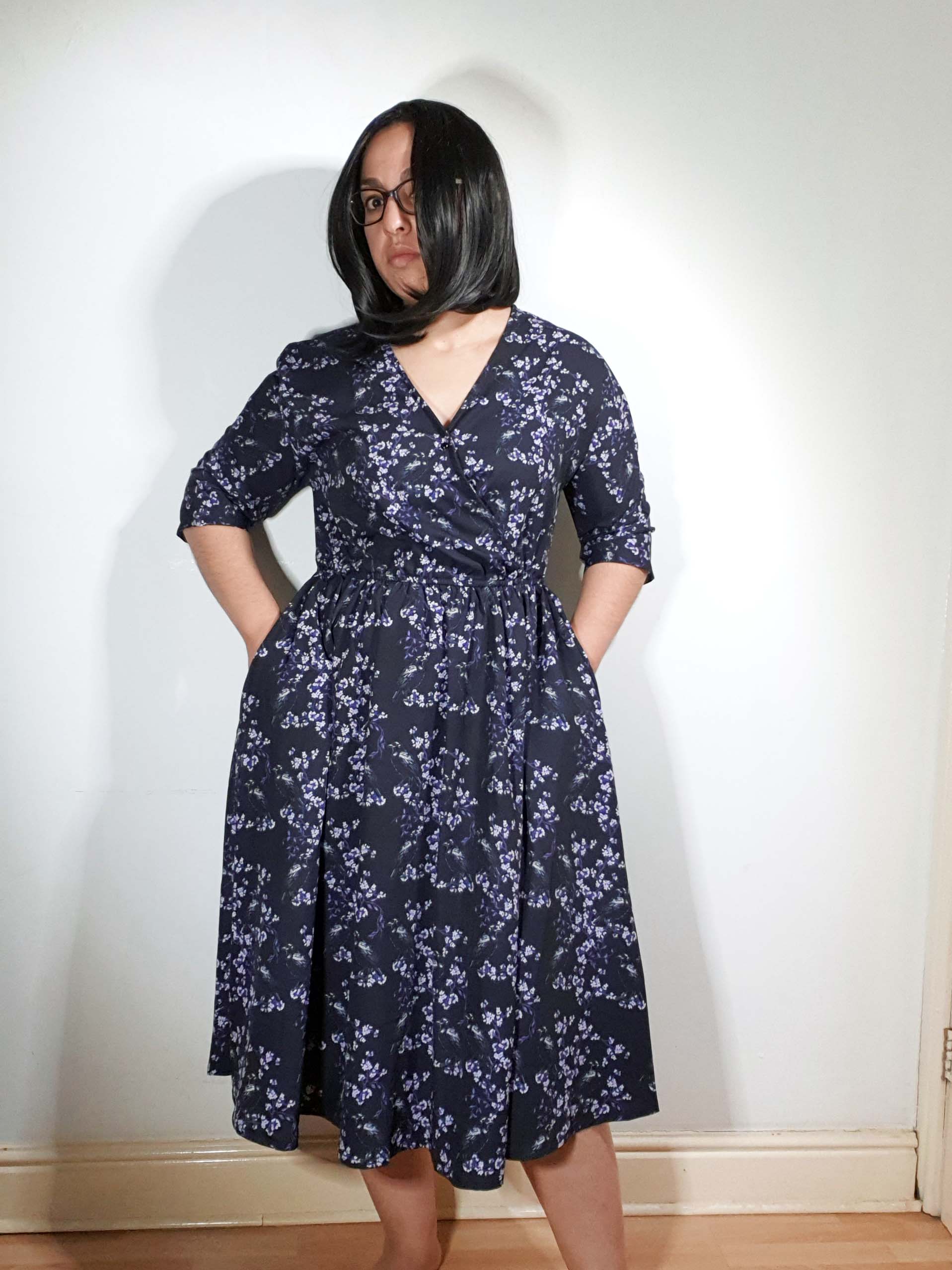 WRAP-FRONT MIDI DRESS (Black Ravens & Blossoms)