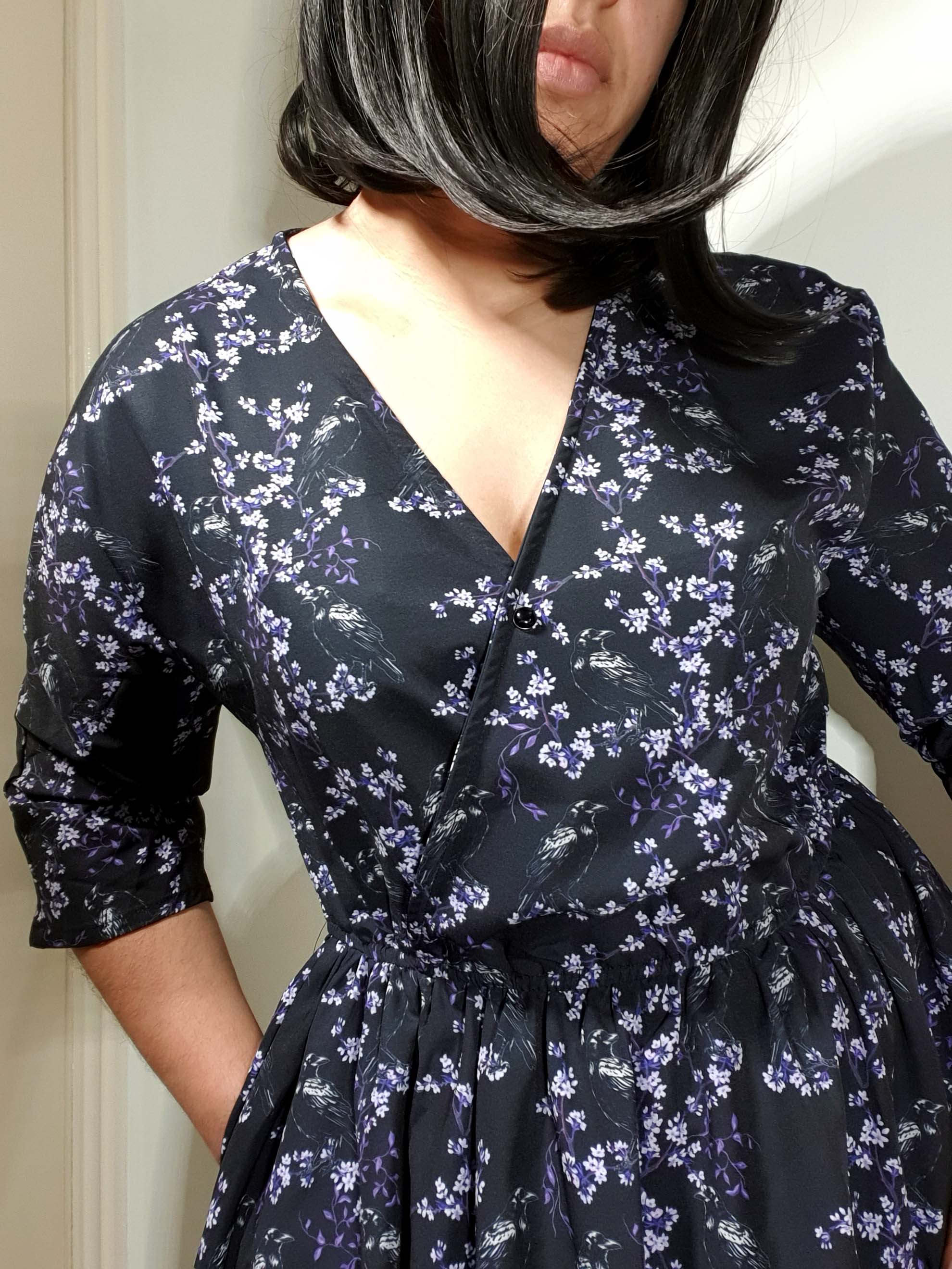 WRAP-FRONT MIDI DRESS (Black Ravens & Blossoms)