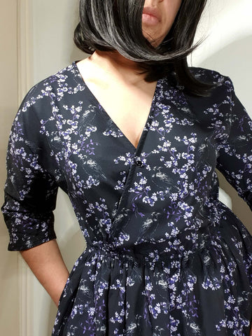 WRAP-FRONT MIDI DRESS (Ravens & Blossoms)