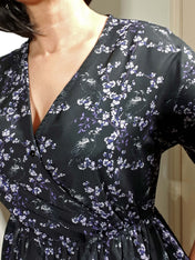 WRAP-FRONT MIDI DRESS (Black Ravens & Blossoms)