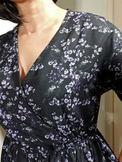 WRAP-FRONT MIDI DRESS (Black Ravens & Blossoms)