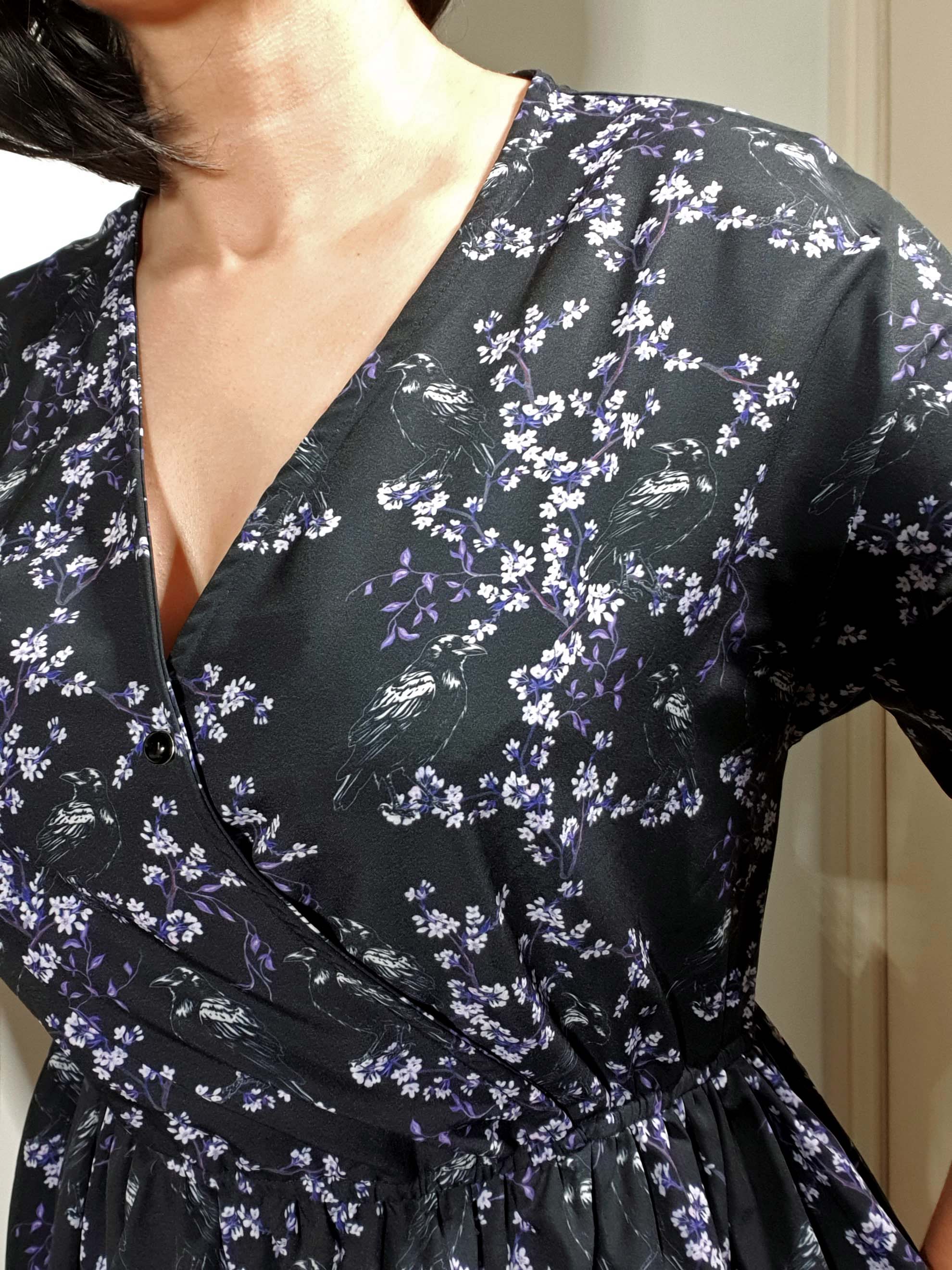 WRAP-FRONT MIDI DRESS (Black Ravens & Blossoms)