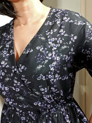 WRAP-FRONT MIDI DRESS (Ravens & Blossoms)