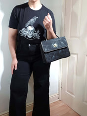 BLACK CROSSBODY FLAP BAG (Ravens/Blossoms print)