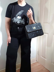 BLACK CROSSBODY FLAP BAG (Ravens/Blossoms print)