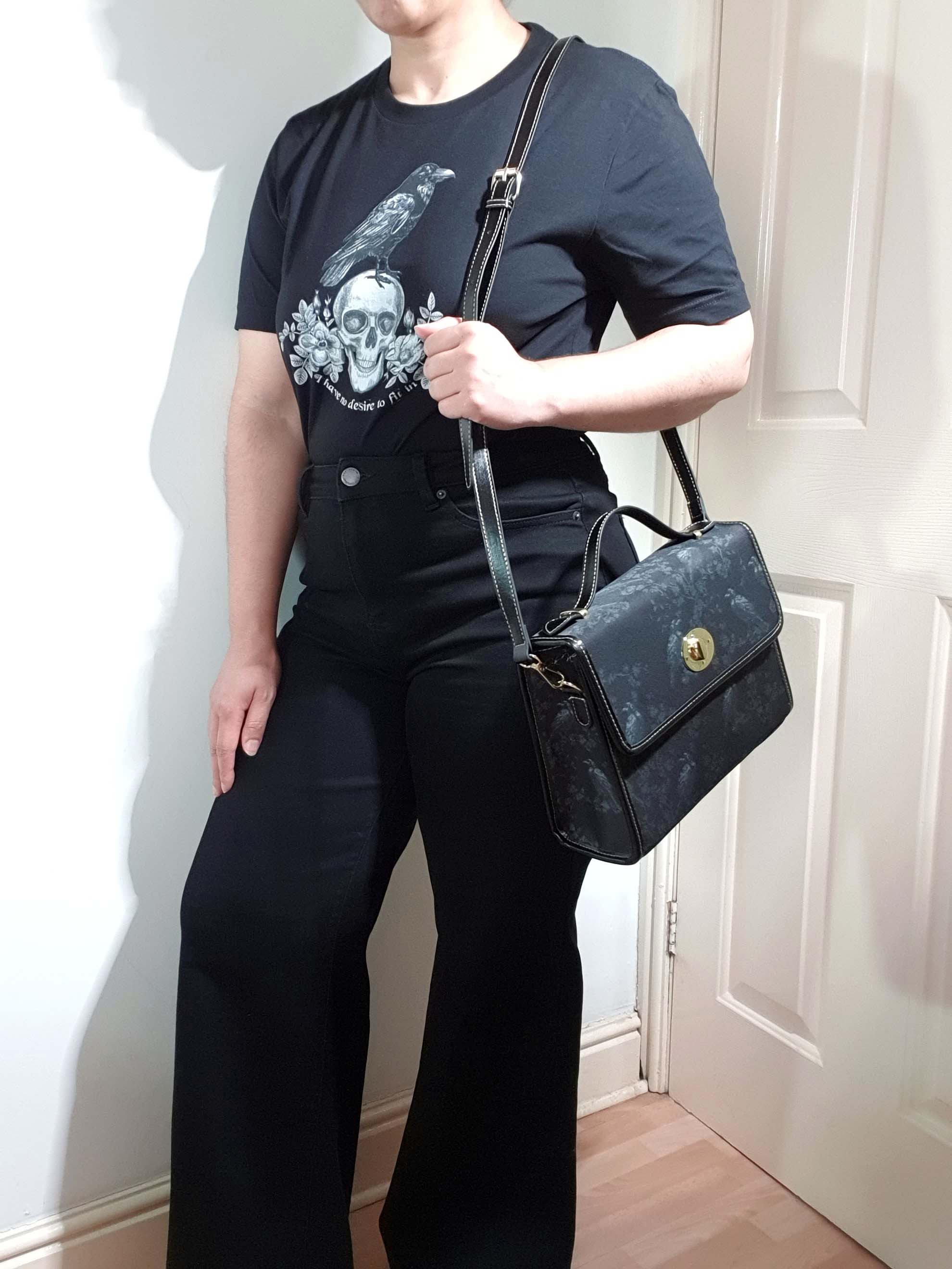 BLACK CROSSBODY FLAP BAG (Ravens/Blossoms print)