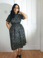 MIDI SHIRTDRESS (Grey Ravens & Blossoms print)