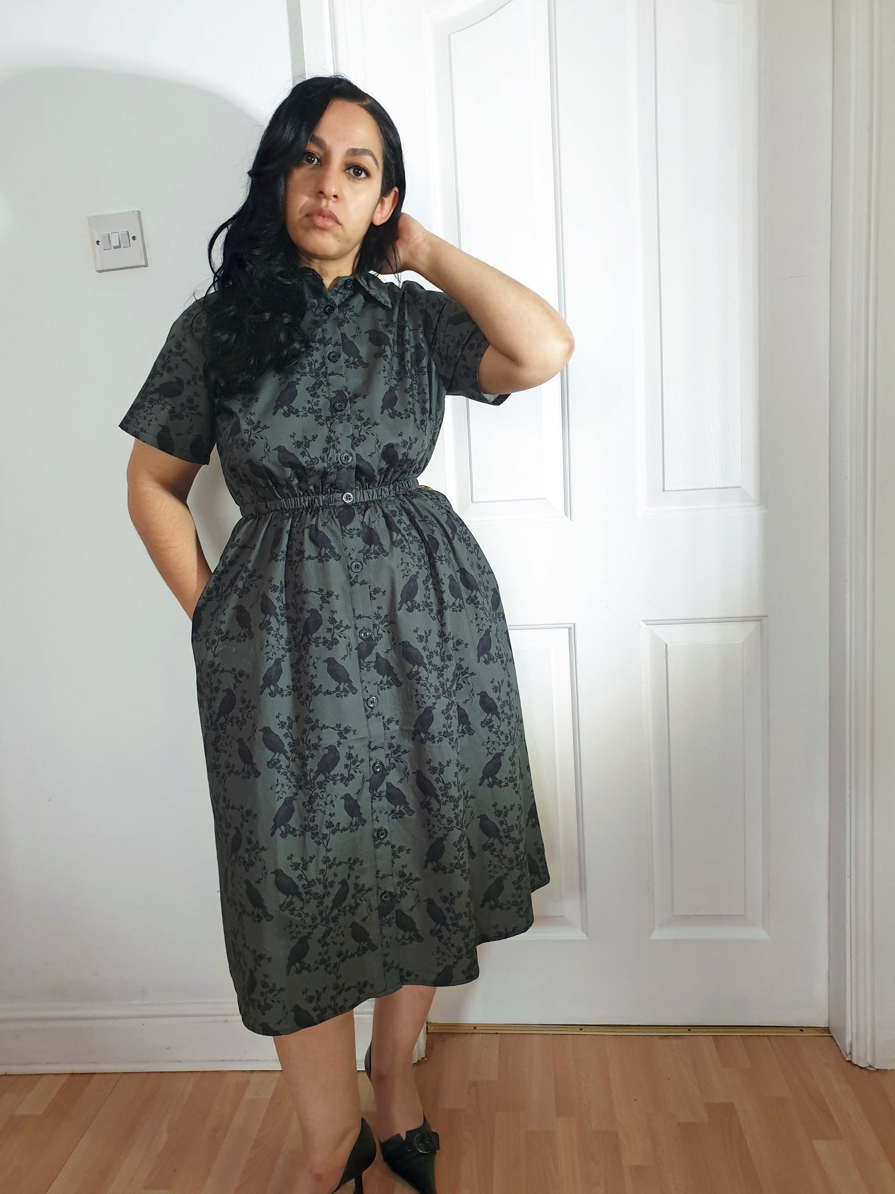 MIDI SHIRTDRESS (Grey Ravens & Blossoms print)