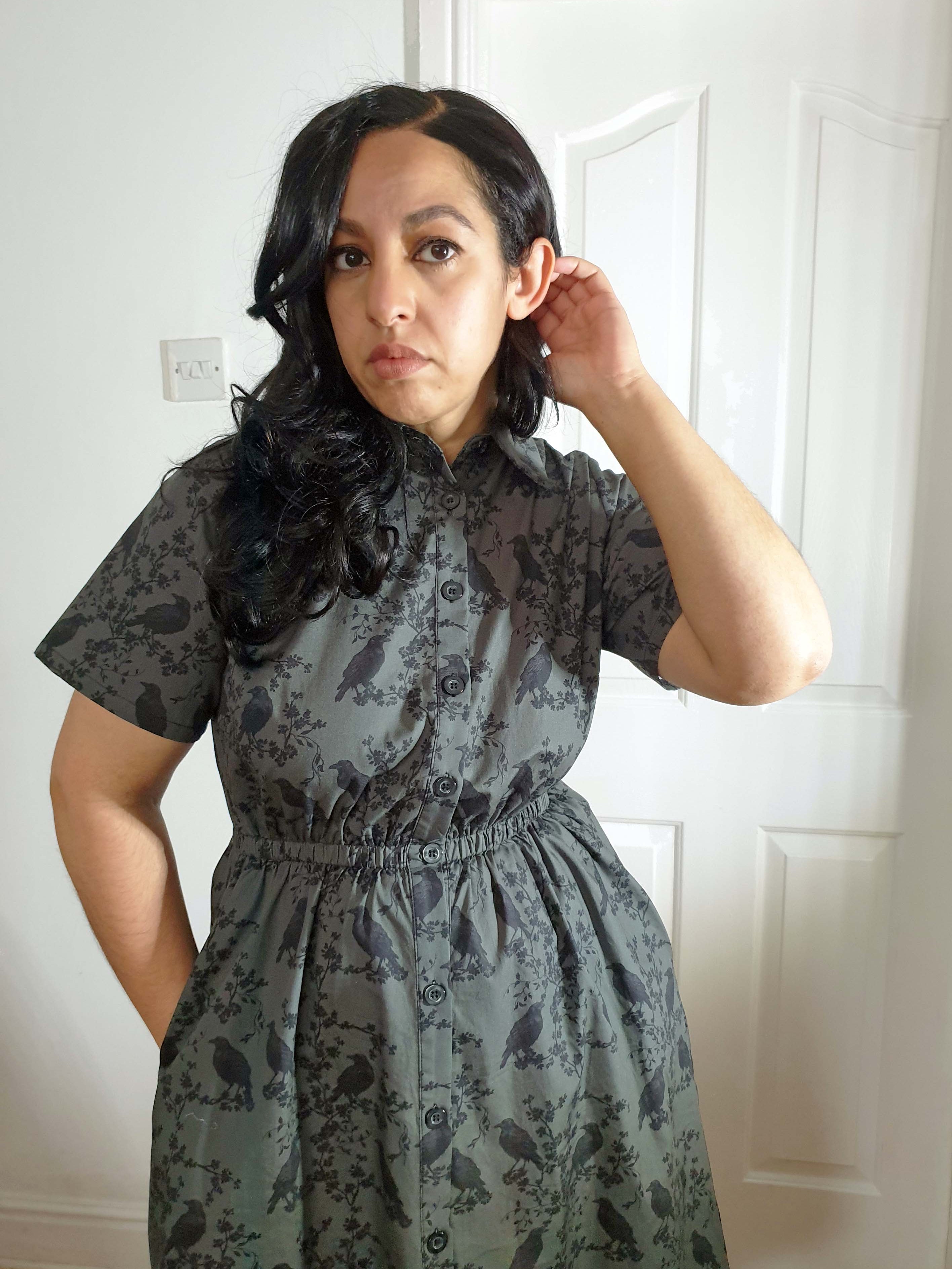 MIDI SHIRTDRESS (Grey Ravens & Blossoms print)
