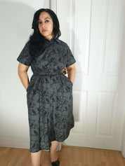 MIDI SHIRTDRESS (Grey Ravens & Blossoms print)