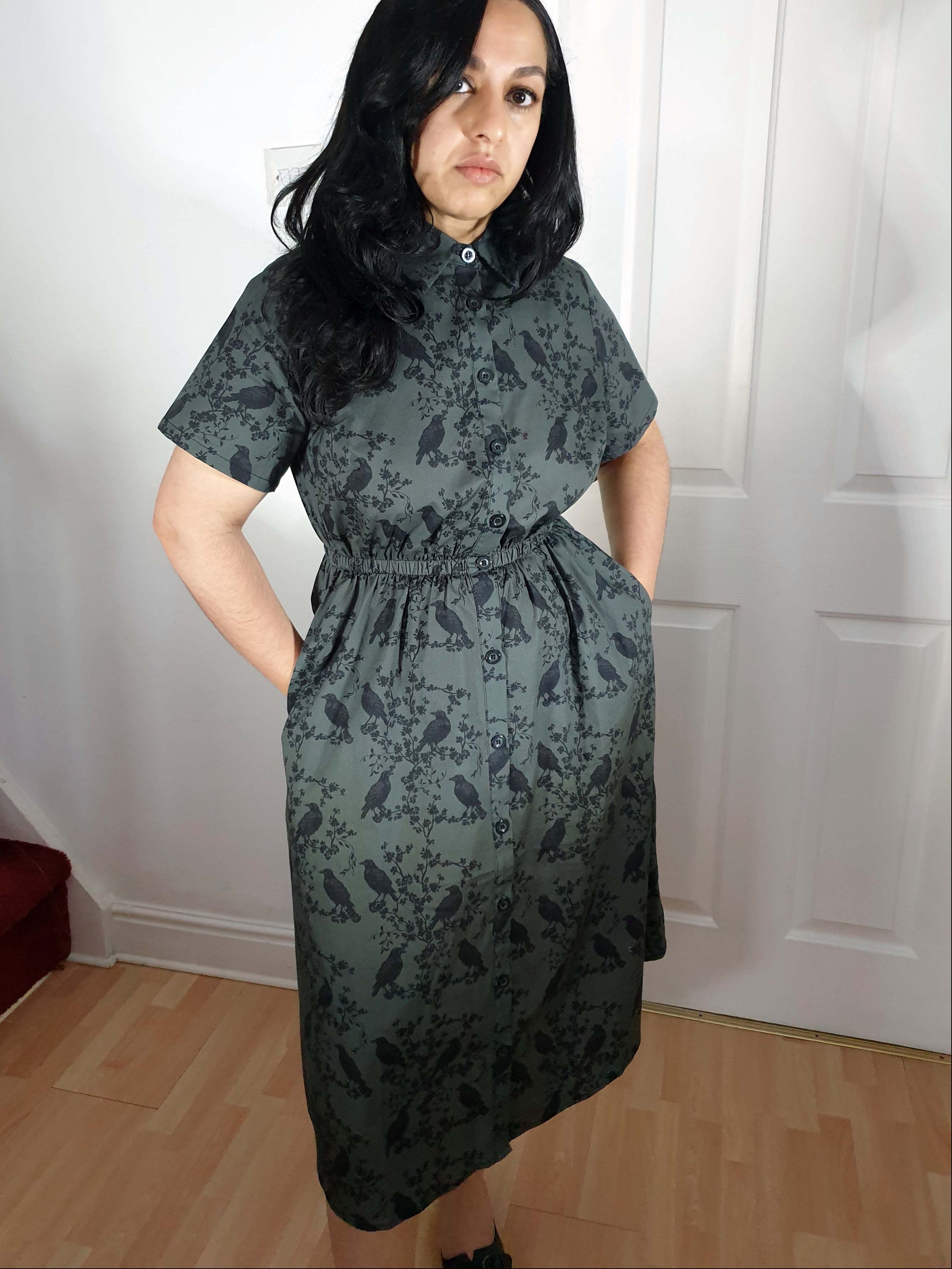MIDI SHIRTDRESS (Grey Ravens & Blossoms print)