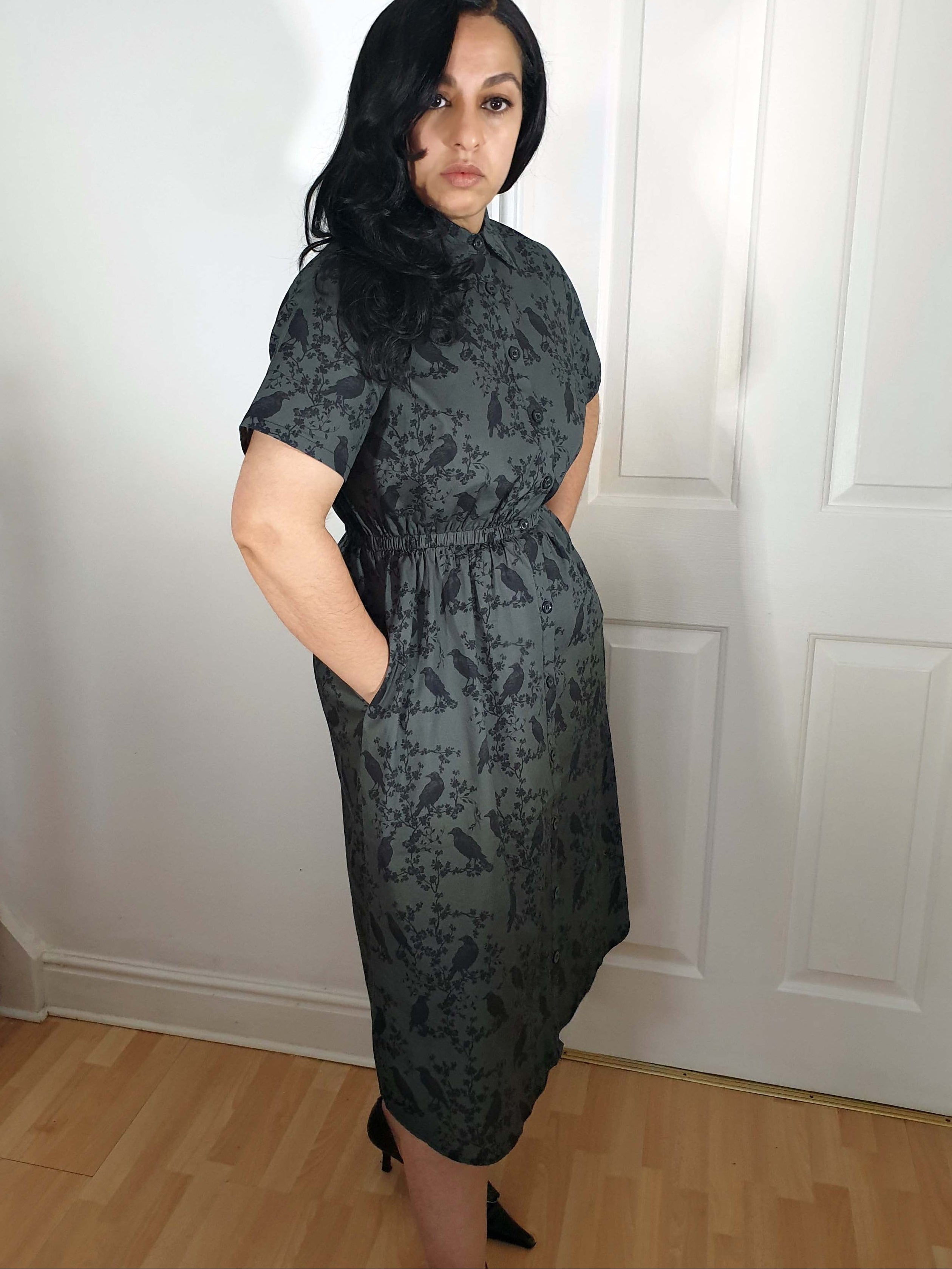 MIDI SHIRTDRESS (Grey Ravens & Blossoms print)