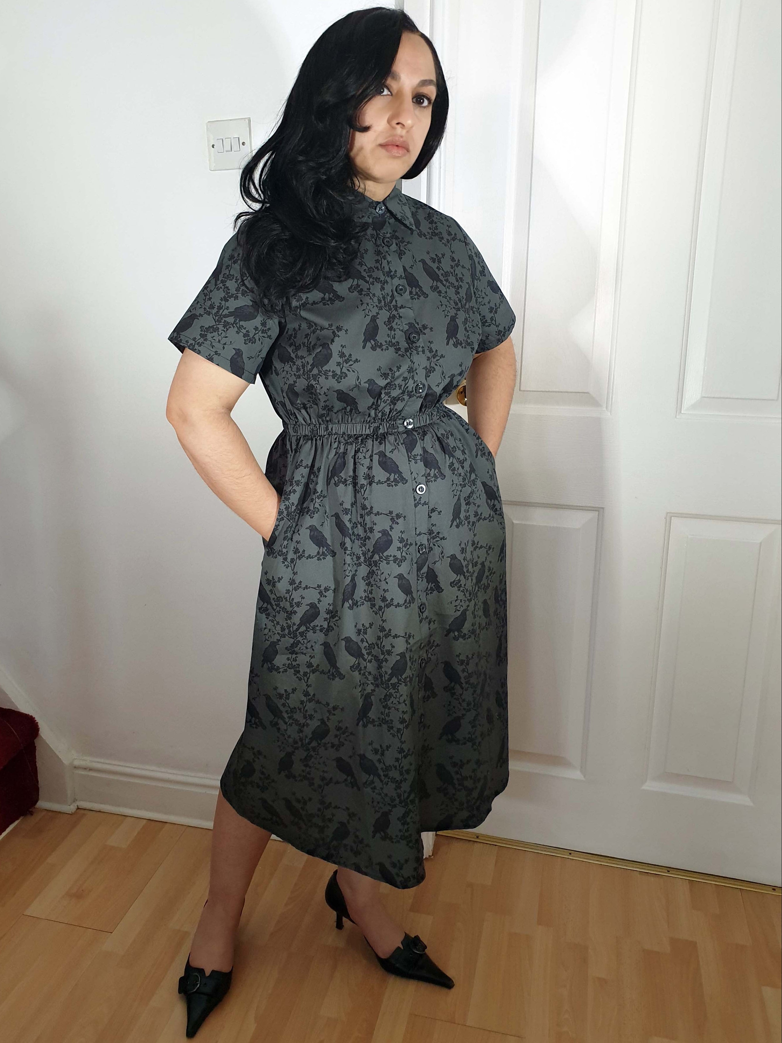 MIDI SHIRTDRESS (Grey Ravens & Blossoms print) THEBLACKWARDROBE.COM MIDI SHIRTDRESS (Grey Ravens & Blossoms print) THEBLACKWARDROBE.COM