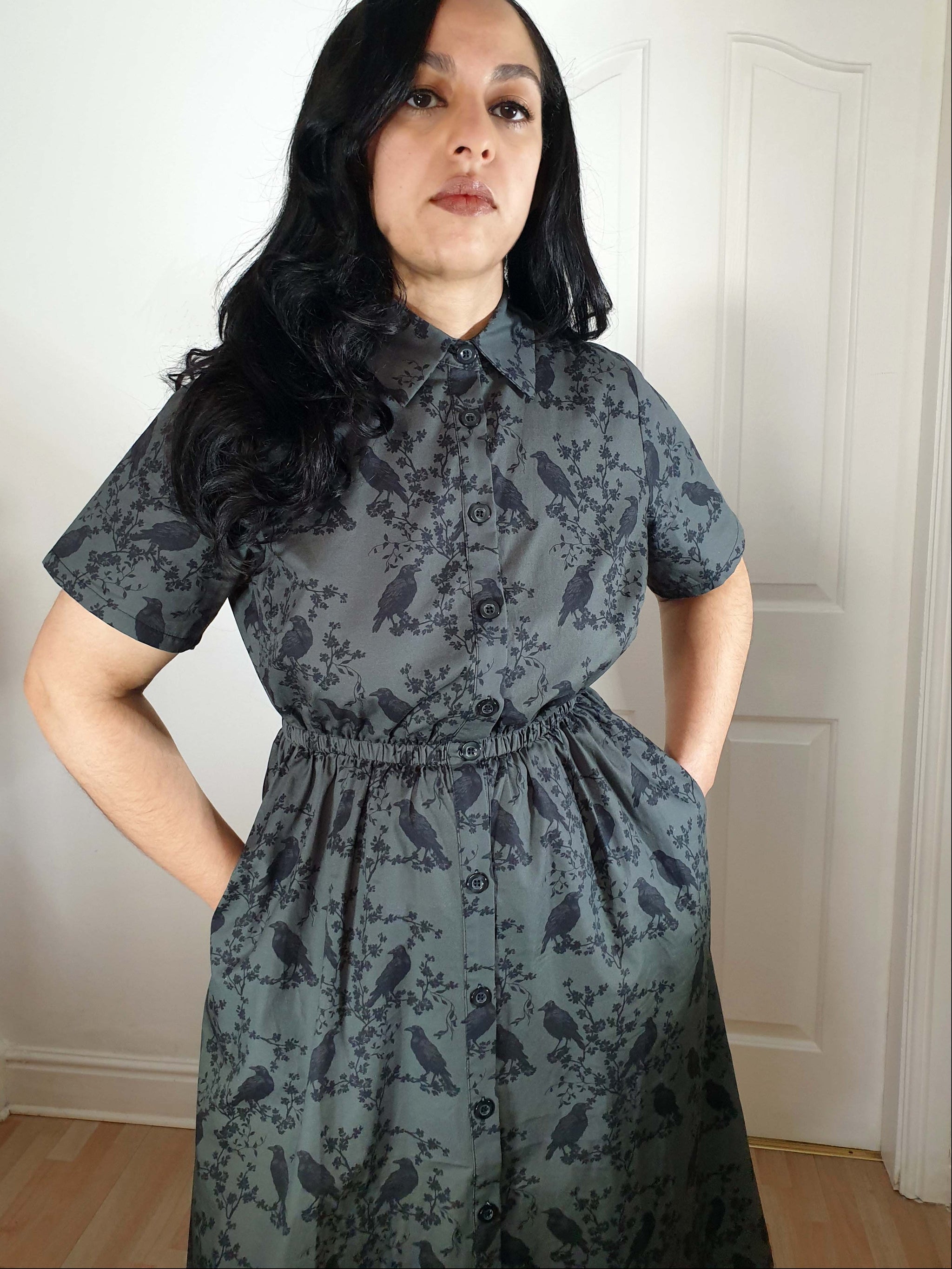 MIDI SHIRTDRESS (Grey Ravens & Blossoms print) THEBLACKWARDROBE.COM MIDI SHIRTDRESS (Grey Ravens & Blossoms print) THEBLACKWARDROBE.COM
