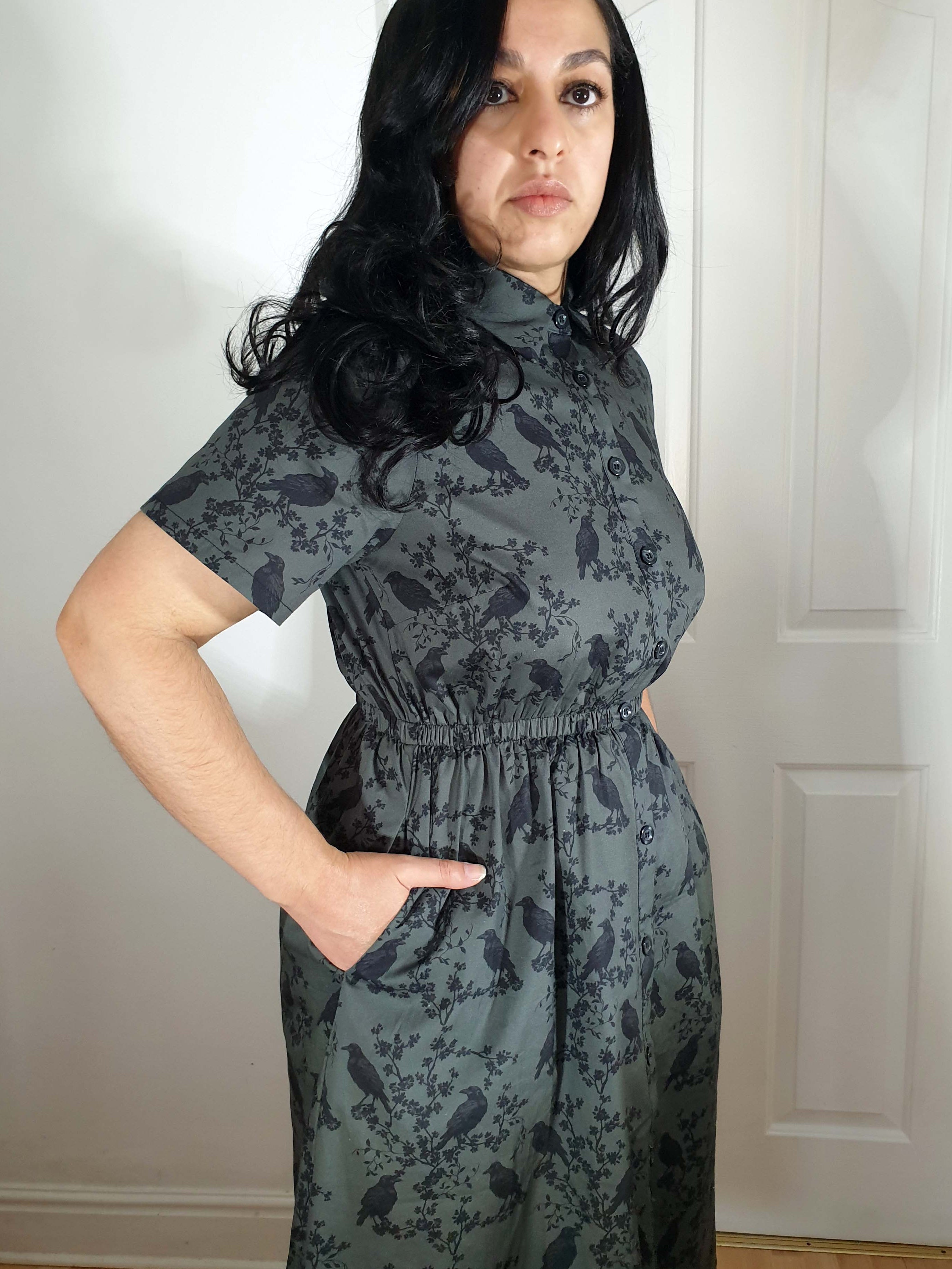 MIDI SHIRTDRESS (Grey Ravens & Blossoms print)