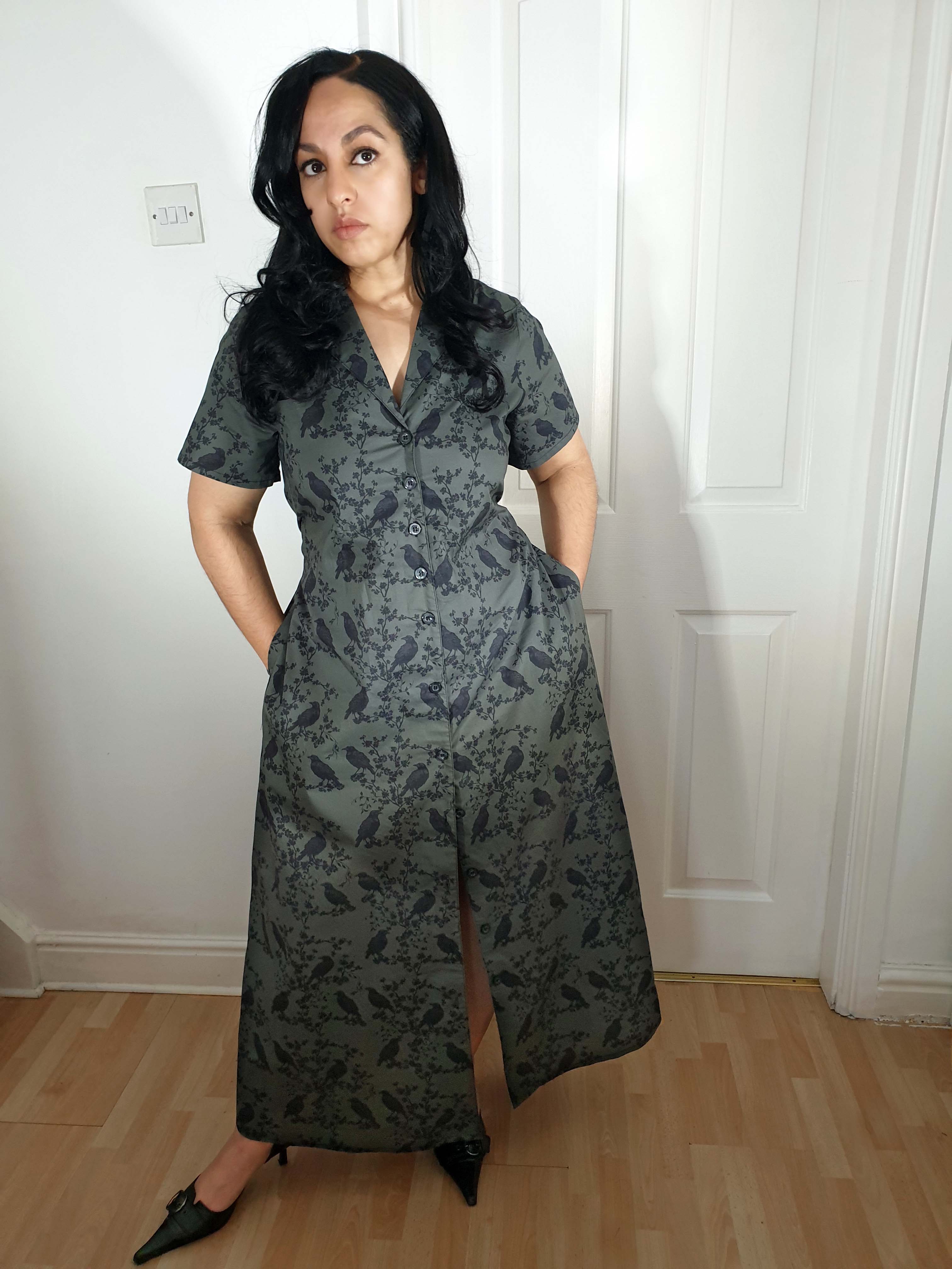 MAXI SHIRTDRESS (Grey Ravens & Blossoms print)