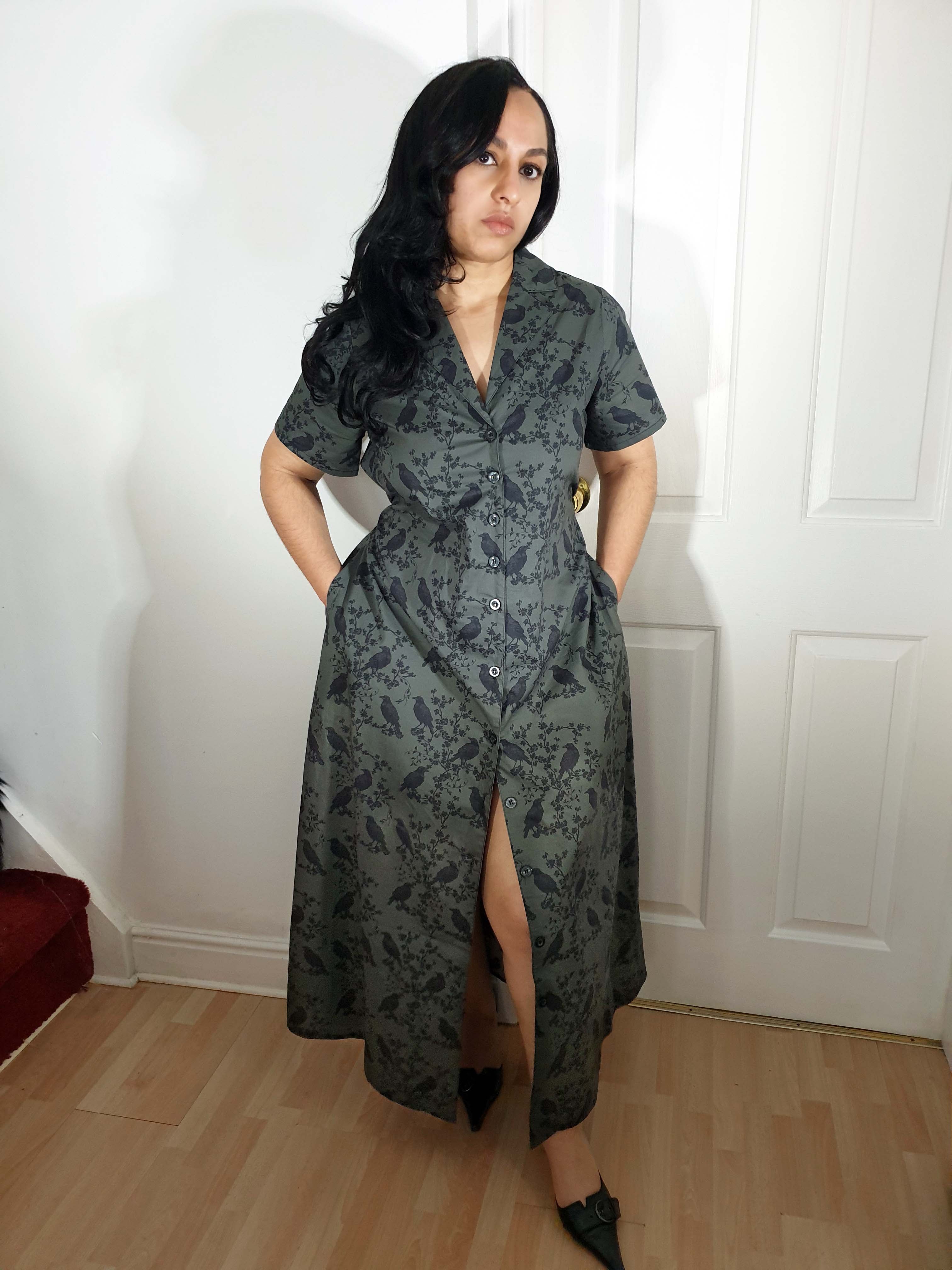MAXI SHIRTDRESS (Grey Ravens & Blossoms print)