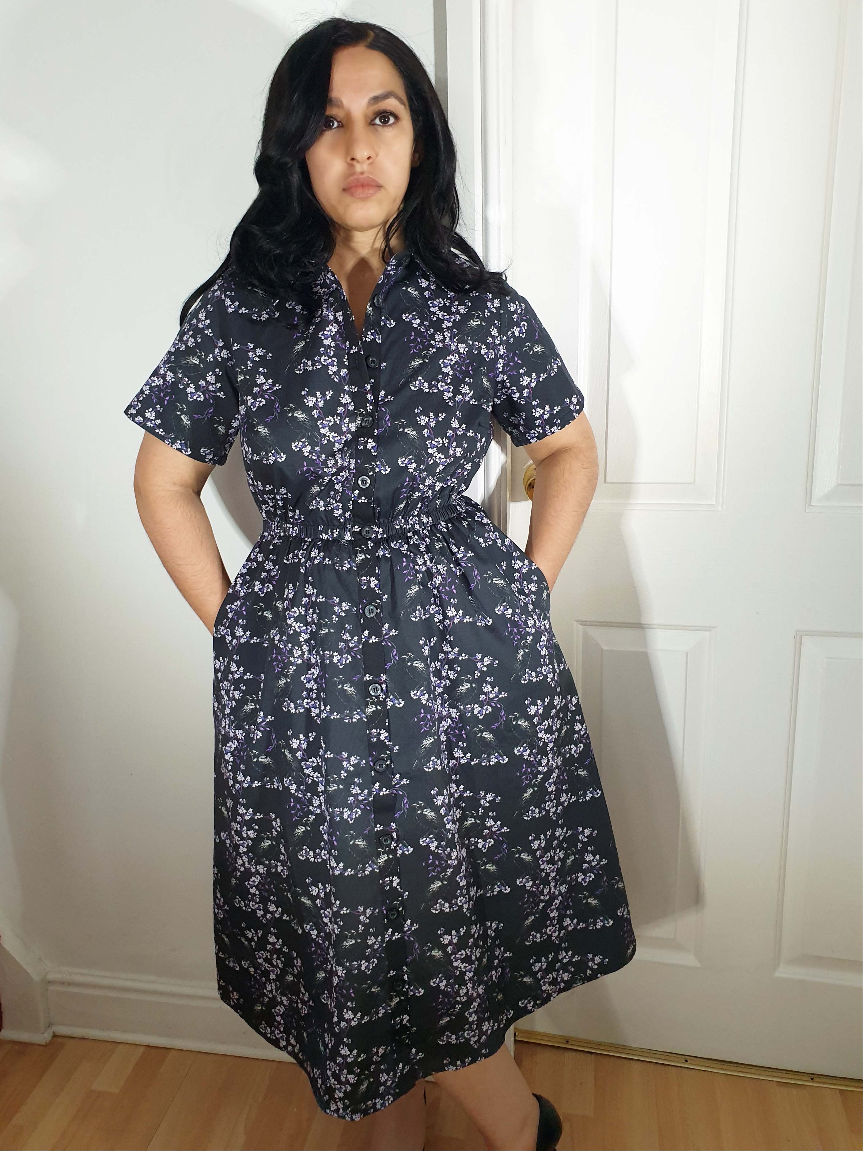 MIDI SHIRTDRESS (Black Ravens & Blossoms print)