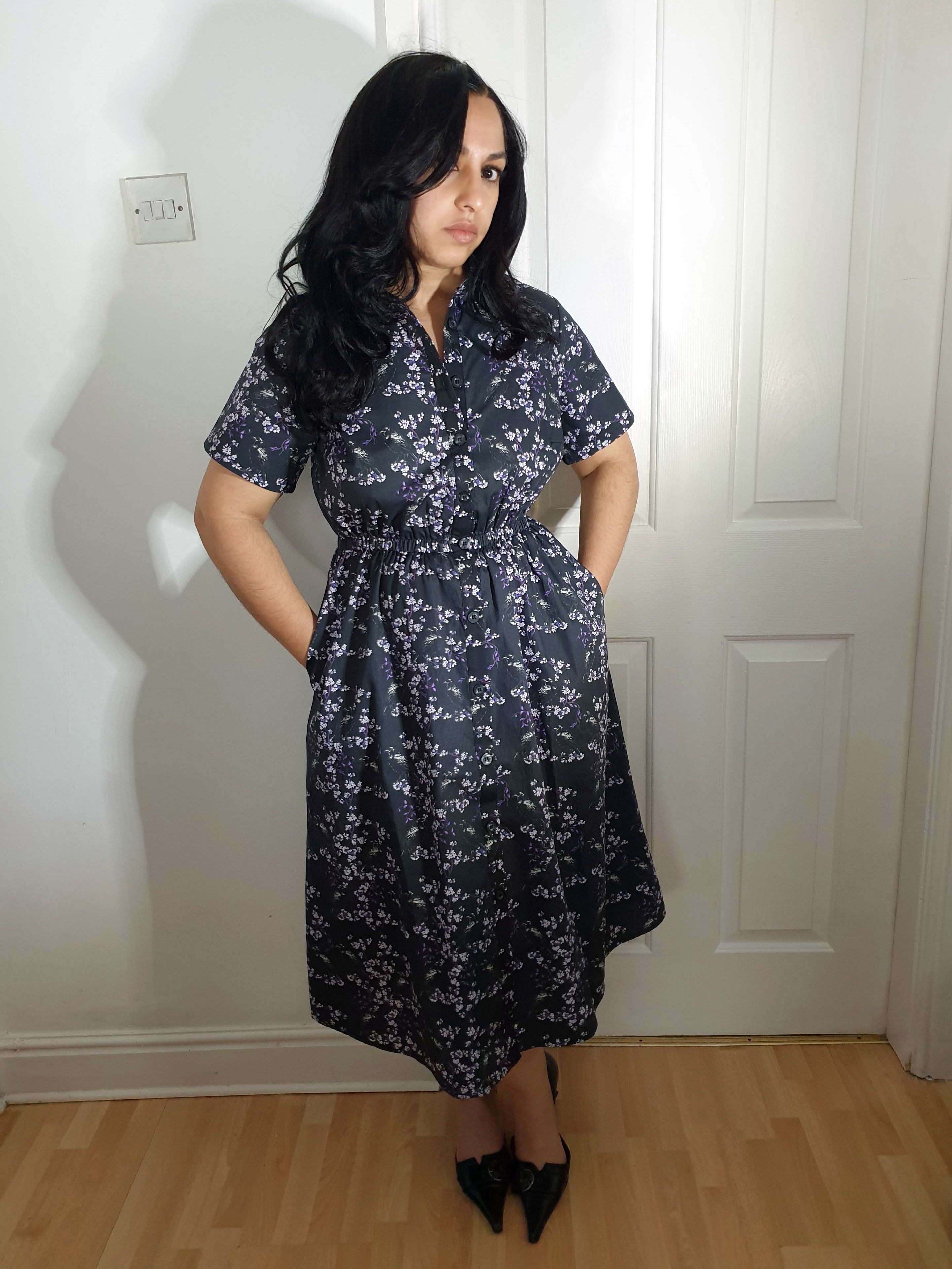MIDI SHIRTDRESS (Black Ravens & Blossoms print)