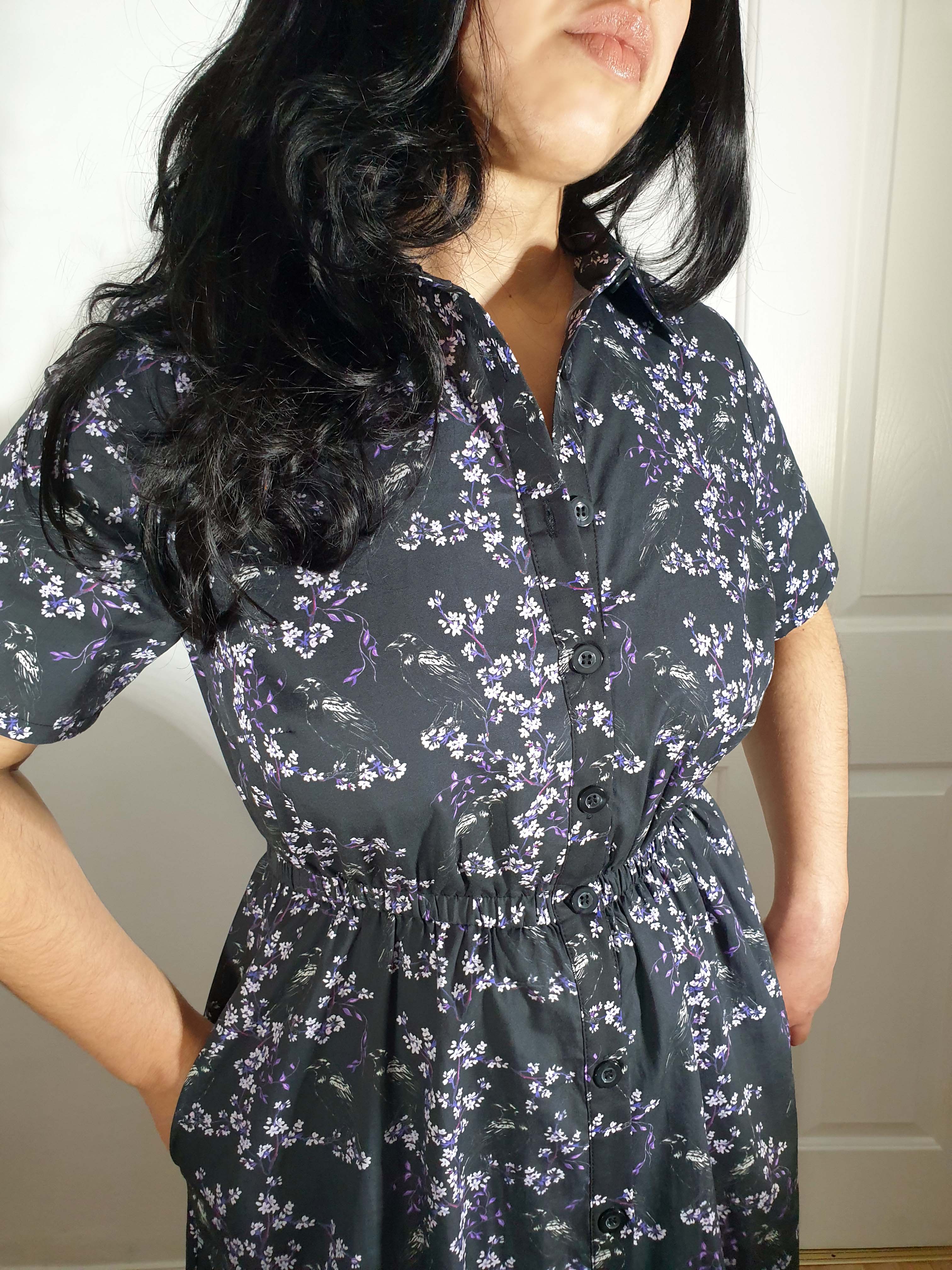 MIDI SHIRTDRESS (Black Ravens & Blossoms print)