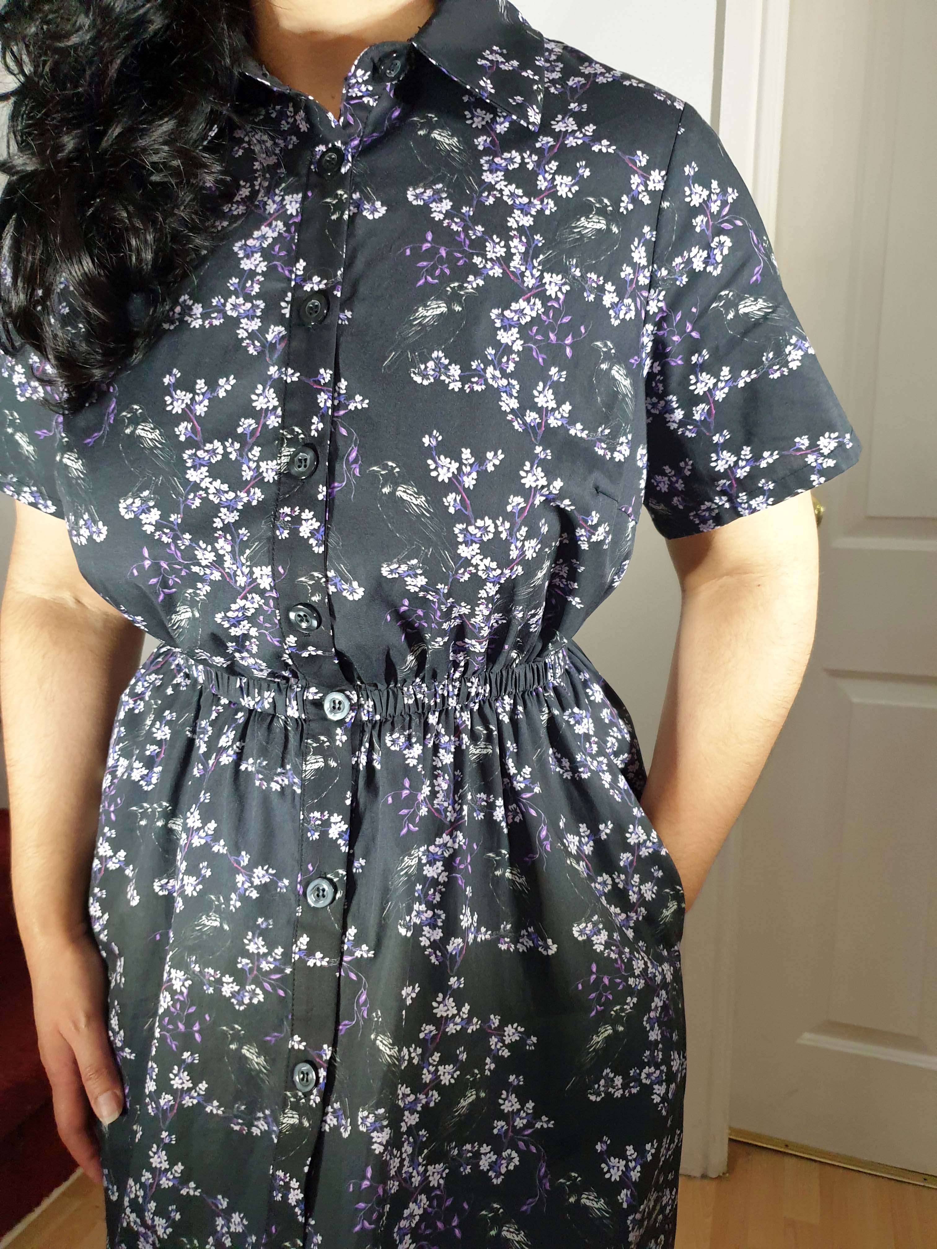 MIDI SHIRTDRESS (Black Ravens & Blossoms print)