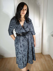 WRAP-FRONT MIDI DRESS (Grey Ravens & Blossoms)
