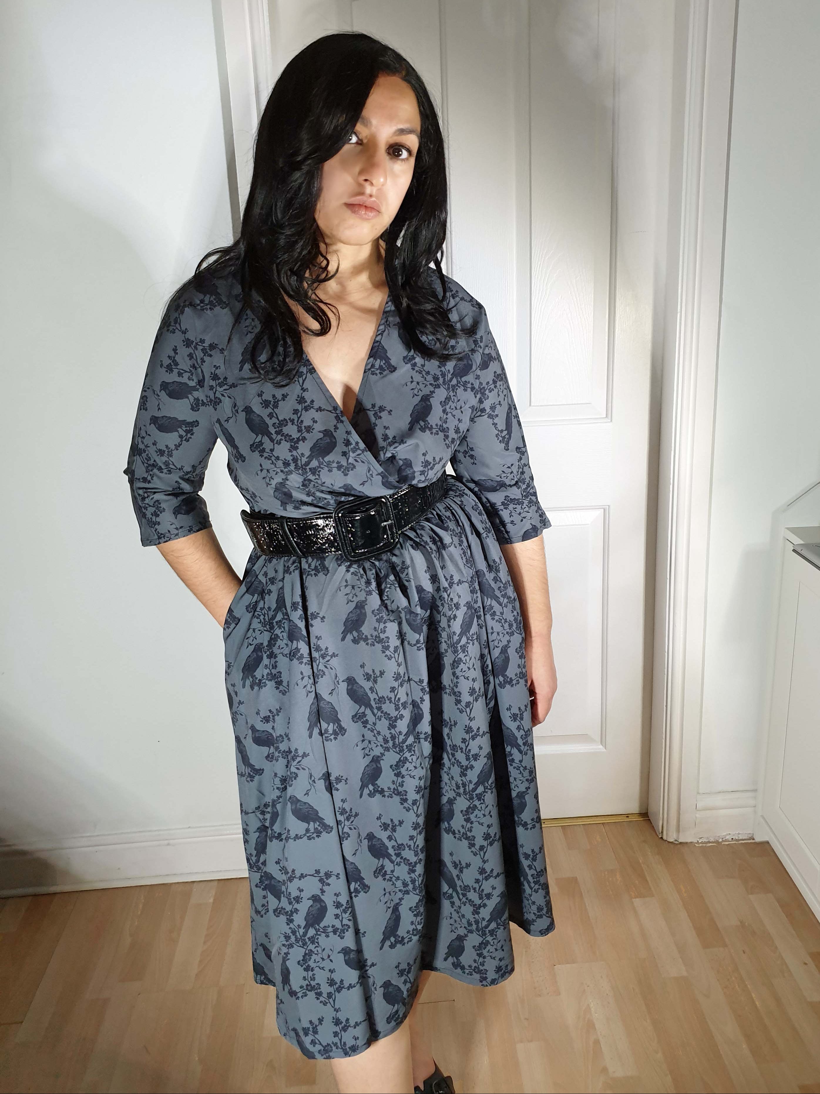 WRAP-FRONT MIDI DRESS (Grey Ravens & Blossoms)