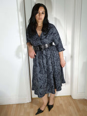 WRAP-FRONT MIDI DRESS (Grey Ravens & Blossoms)