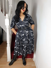 WRAP-FRONT MIDI DRESS (Botanical Bats print)