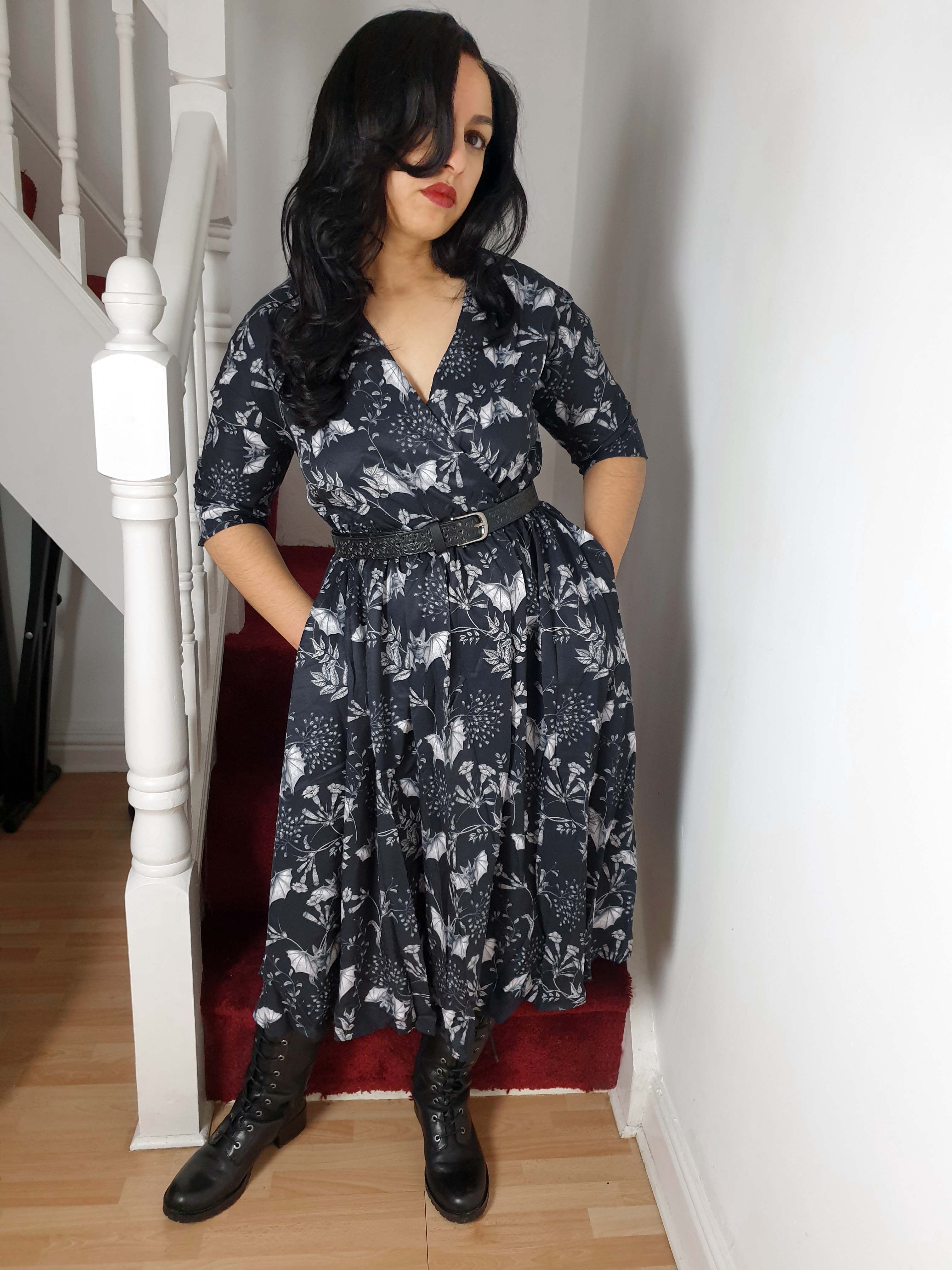 WRAP-FRONT MIDI DRESS (Botanical Bats print)