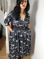 WRAP-FRONT MIDI DRESS (Botanical Bats print)