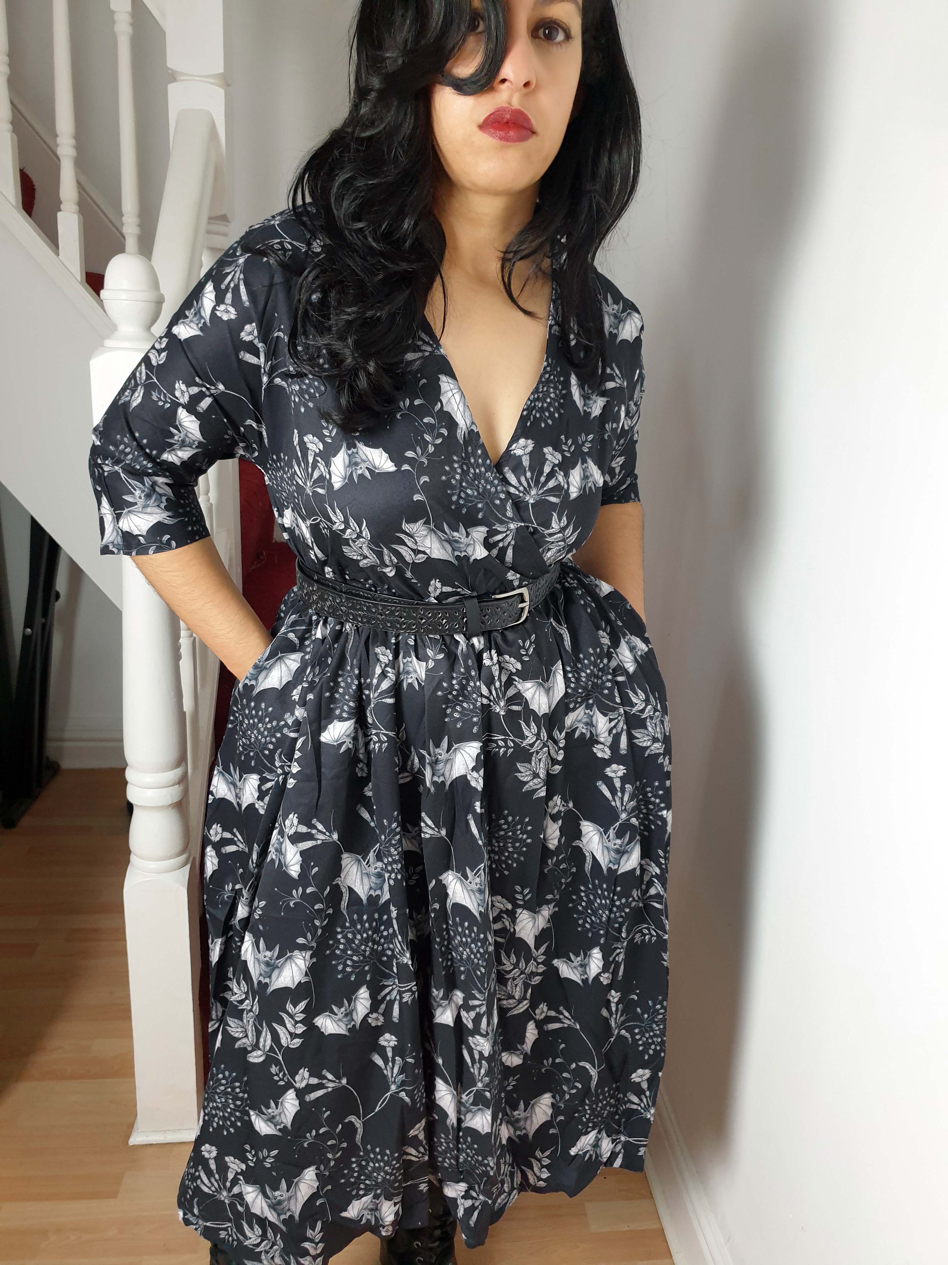 WRAP-FRONT MIDI DRESS (Botanical Bats print)