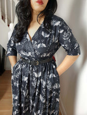 WRAP-FRONT MIDI DRESS (Botanical Bats print)