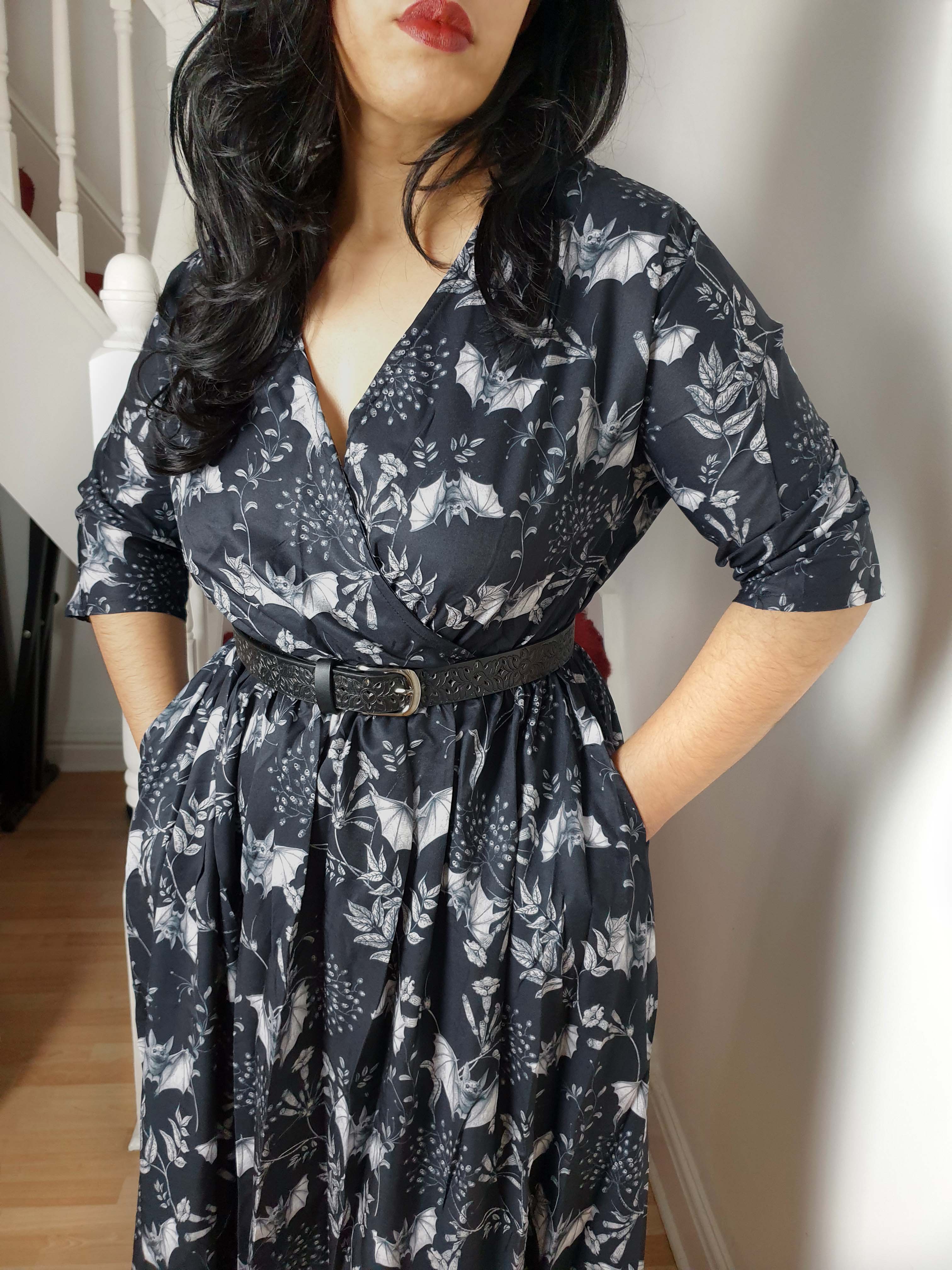 WRAP-FRONT MIDI DRESS (Botanical Bats print)