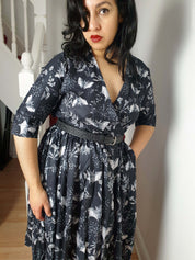 WRAP-FRONT MIDI DRESS (Botanical Bats print)