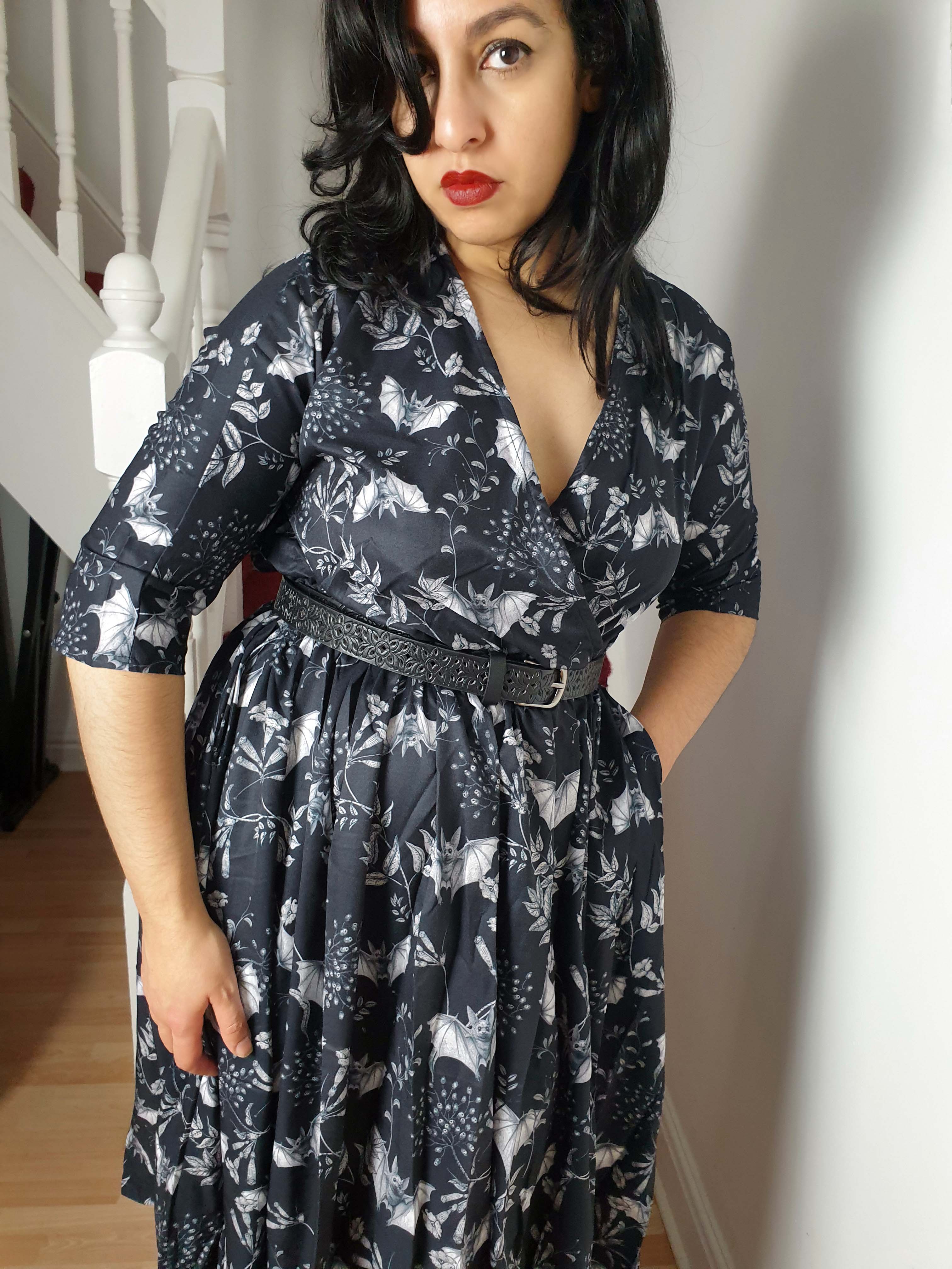 WRAP-FRONT MIDI DRESS (Botanical Bats print)