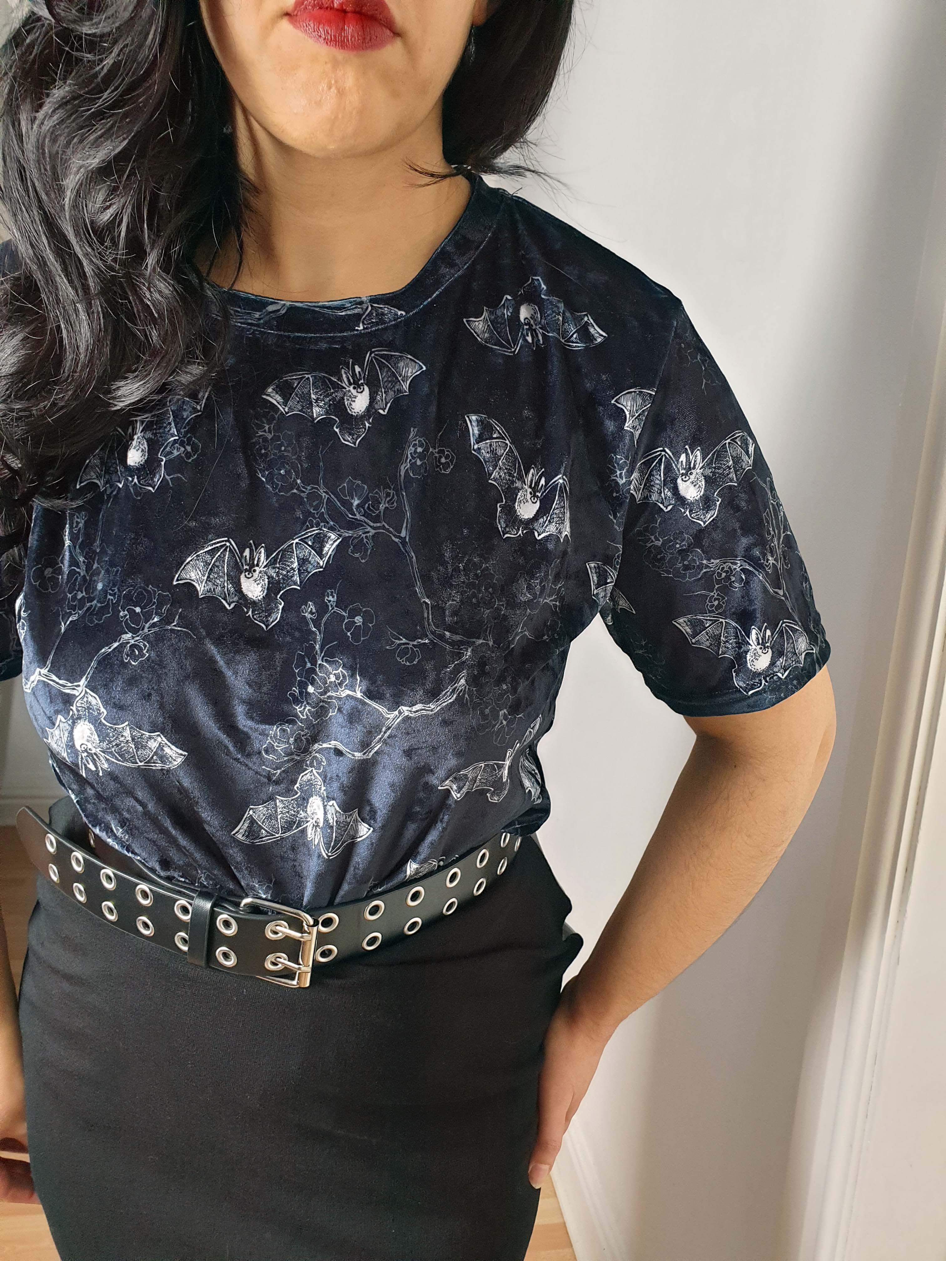 VELVET T-SHIRT (Midnight Bats & Blossoms print)