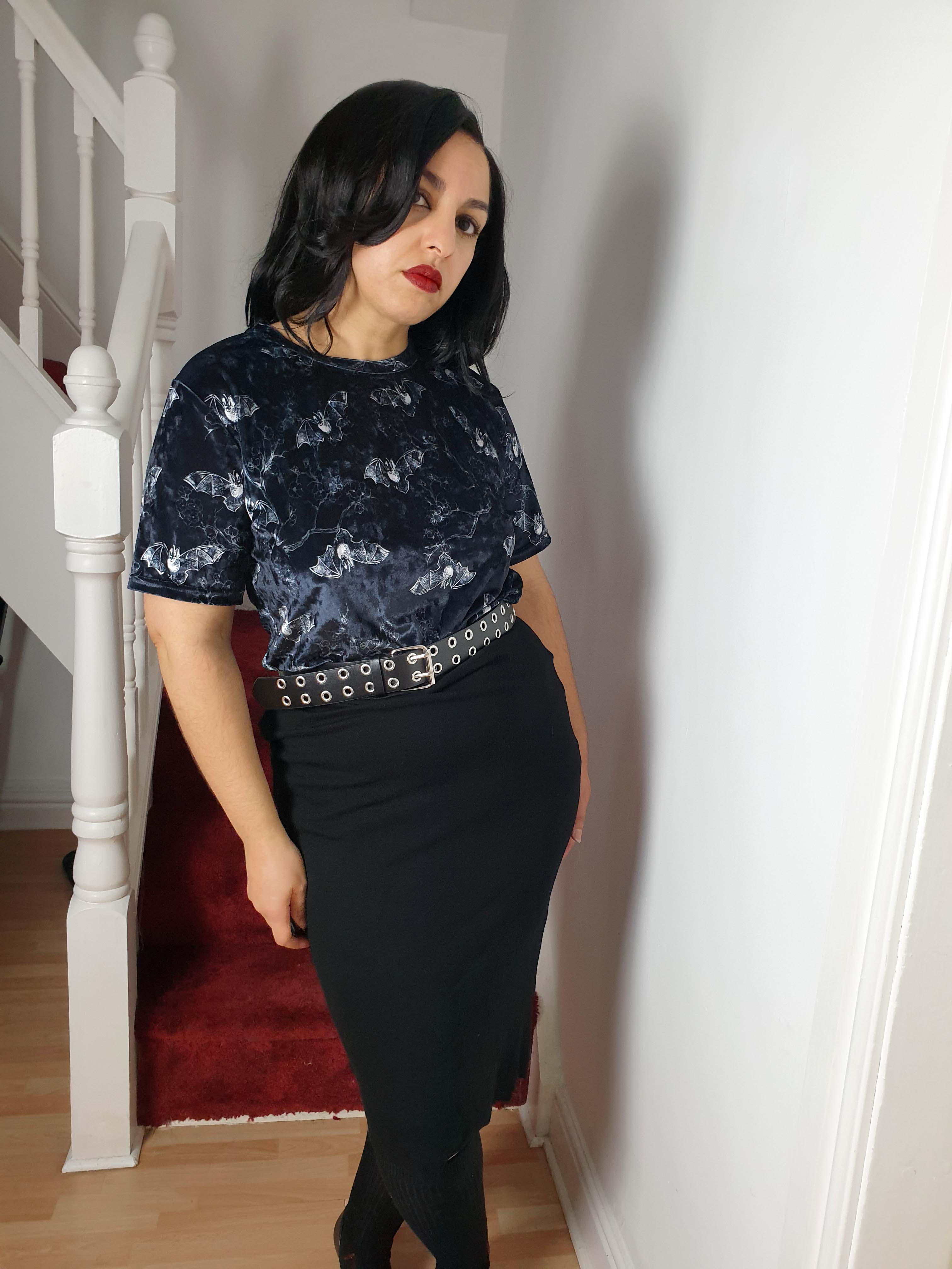 VELVET T-SHIRT (Midnight Bats & Blossoms print)