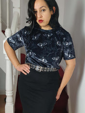 VELVET T-SHIRT (Midnight Bats & Blossoms print)