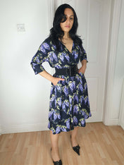 WRAP-FRONT MIDI DRESS (Hydrangeas & Sleepy Bats print)