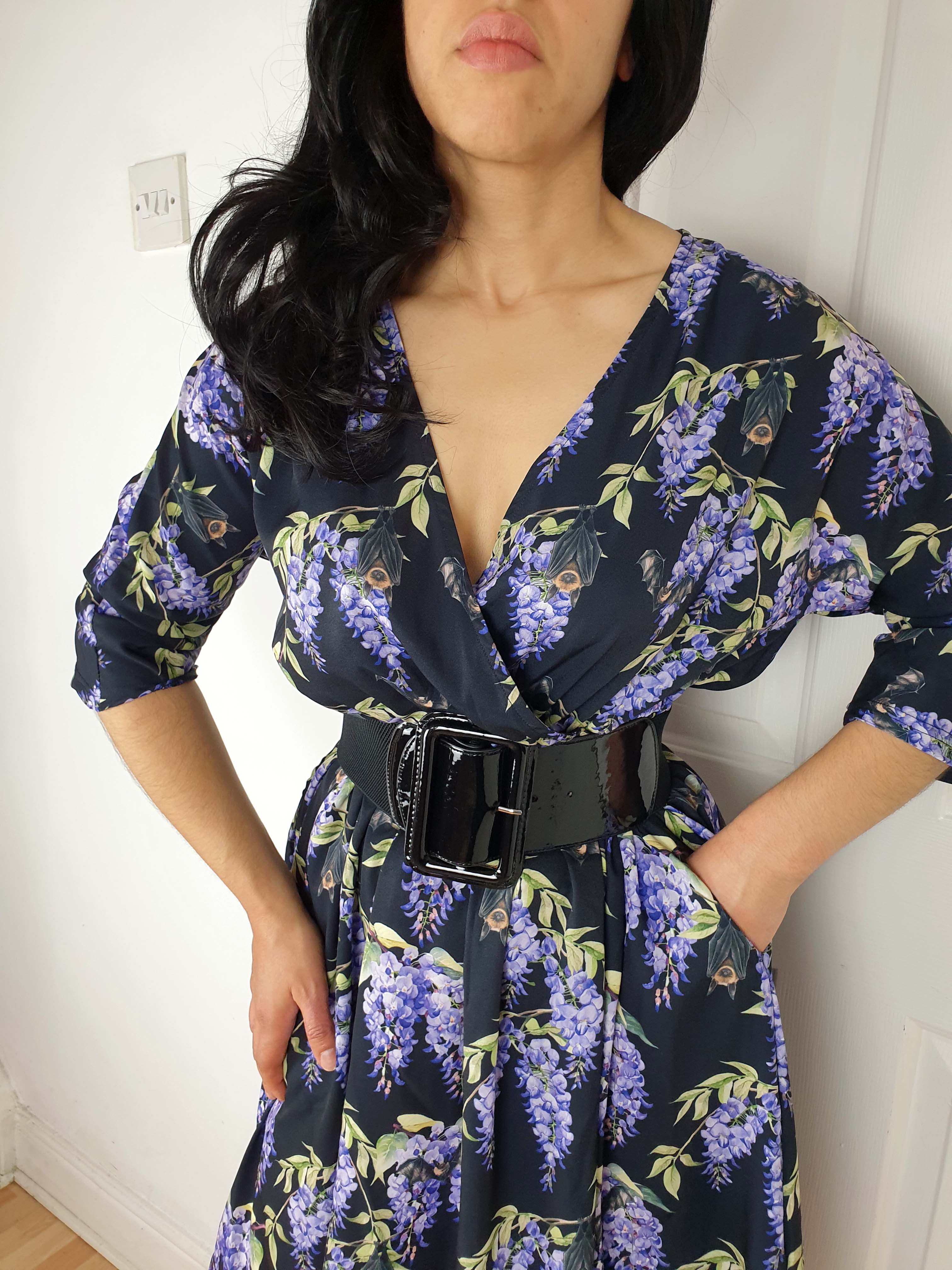 WRAP-FRONT MIDI DRESS (Hydrangeas & Sleepy Bats print)