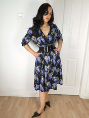 WRAP-FRONT MIDI DRESS (Hydrangeas & Sleepy Bats print)